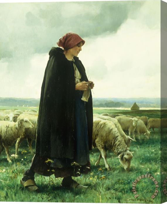 Julien Dupre A Shepherdess With Her Flock Stretched Canvas Print / Canvas Art