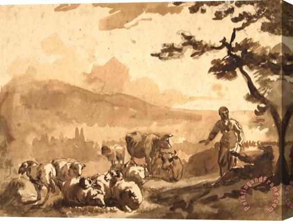 Karel Dujardin Berglandschap Met Herders Bij Hun Kudde Schapen En Koeien Stretched Canvas Print / Canvas Art
