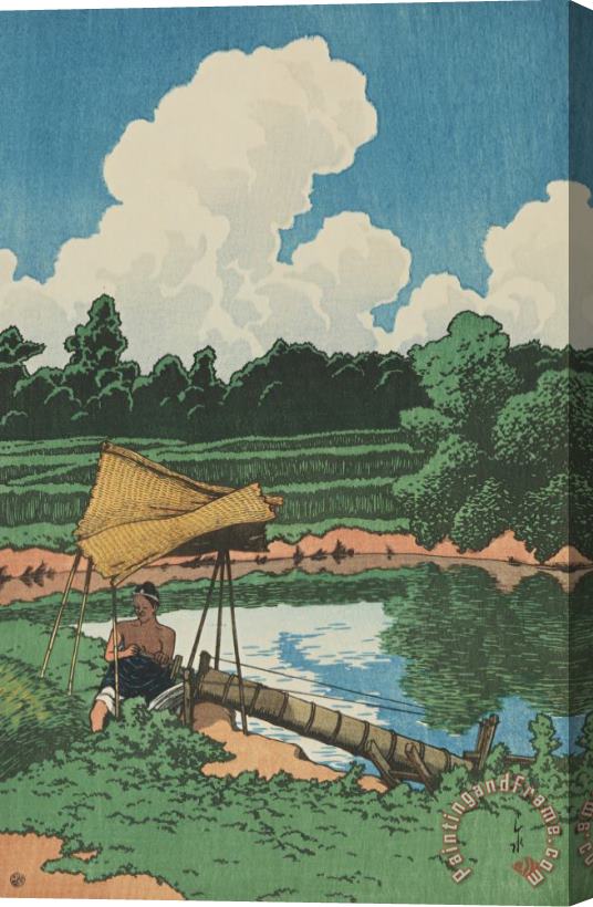 Kawase Hasui Irrigating The Rice Fields (mizuage Toi), From The Series Souvenirs of Travels, Second Series (tabi Miyage, Dai Ni Shu) Stretched Canvas Painting / Canvas Art