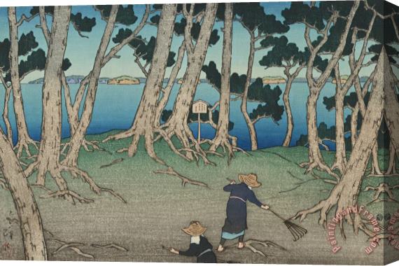 Kawase Hasui Raking Pine Needles at Katsura Jima, Matsushima (matsushima Katsura Jima), From The Series Souvenirs of Travels, First Series (tabi Miyage, Dai Isshu) Stretched Canvas Painting / Canvas Art