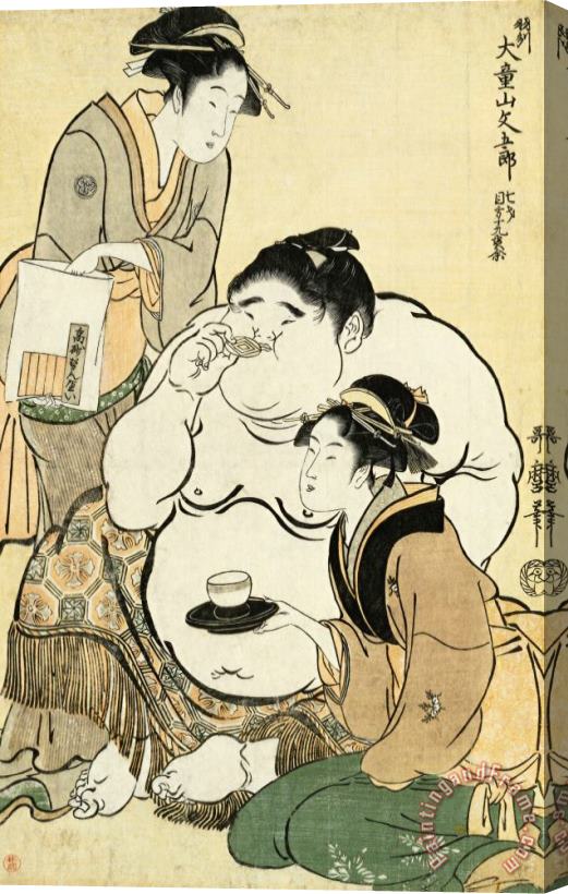 Kitagawa Utamaro Daidozan Bungoro, The Infant Prodigy Drinking Sake And Being Offered Tea by The Famous Beauty And Teahouse Waitress Okita of The Naniwaya And Biscuits Stretched Canvas Painting / Canvas Art