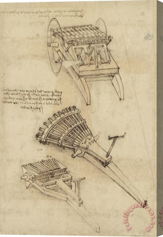 Leonardo da Vinci Cart And Weapons From Atlantic Codex Stretched Canvas Painting / Canvas Art