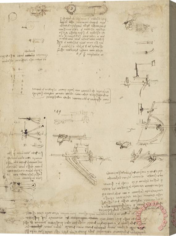 Leonardo da Vinci Notes About Perspective And Sketch Of Devices For Textile Machinery From Atlantic Codex Stretched Canvas Print / Canvas Art
