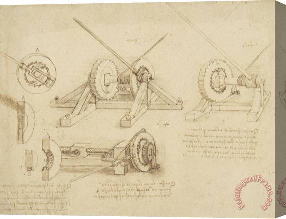 Leonardo da Vinci Winch Great Spring Catapult And Ladder From Atlantic Codex Stretched Canvas Print / Canvas Art