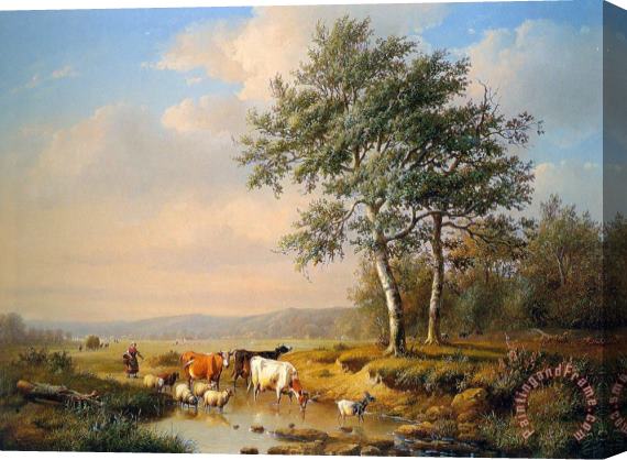 Louis Pierre Verwee An Extensive Landscape with Cattle Watering Stretched Canvas Print / Canvas Art