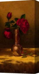 Edna Smith in a Japanese Wrap Canvas Prints - Red Roses in a Japanese Vase on a Gold Velvet Cloth 2 by Martin Johnson Heade