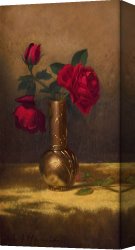 Edna Smith in a Japanese Wrap Canvas Prints - Red Roses in a Japanese Vase on a Gold Velvet Cloth by Martin Johnson Heade