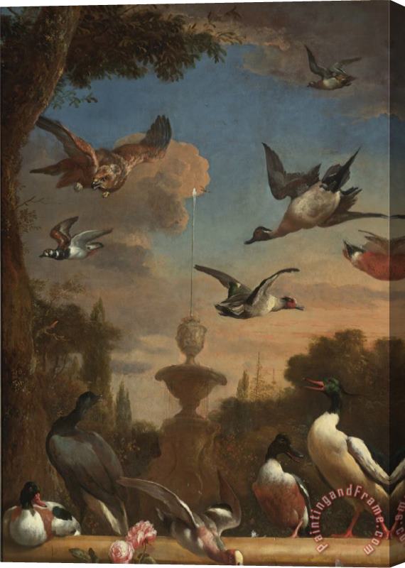 Melchior de Hondecoeter Classical Garden Landscape with a Mallard, a Golden Eagle, And Other Wild Fowl in Flight Stretched Canvas Painting / Canvas Art
