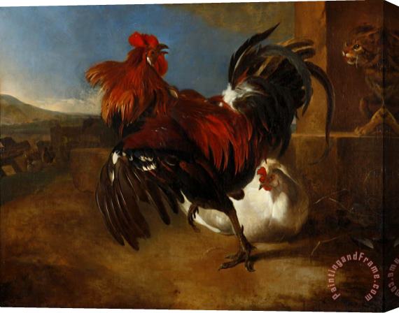 Melchior de Hondecoeter Poultry Yard with Angered Cock Stretched Canvas Painting / Canvas Art