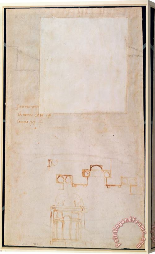 Michelangelo Buonarroti Architectural Study with Notes Brown Pen on Paper Recto Stretched Canvas Painting / Canvas Art