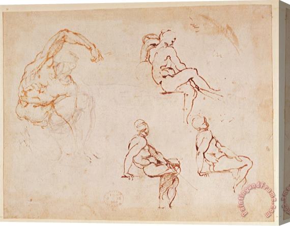 Michelangelo Buonarroti Figure Studies for a Man Brown Ink Stretched Canvas Painting / Canvas Art