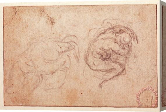 Michelangelo Buonarroti Study of a Crouching Figure Black Chalk on Paper Recto Stretched Canvas Painting / Canvas Art