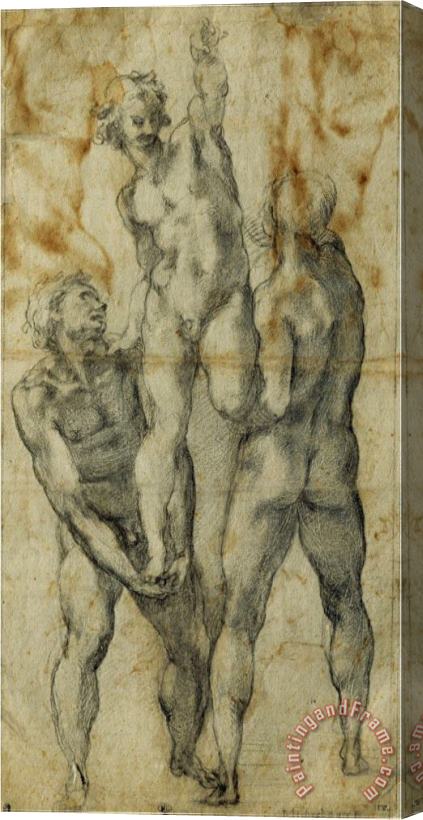 Michelangelo Buonarroti Two Male Nudes Lifting Up a Third Man Stretched Canvas Print / Canvas Art