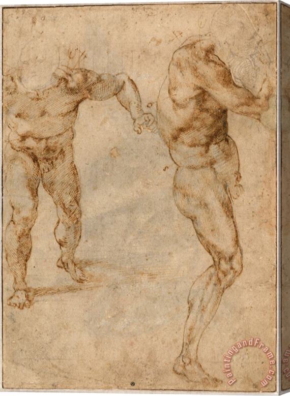 Michelangelo Buonarroti Two Nude Studies of a Man Storming Forward And Another Turning to The Right Stretched Canvas Painting / Canvas Art