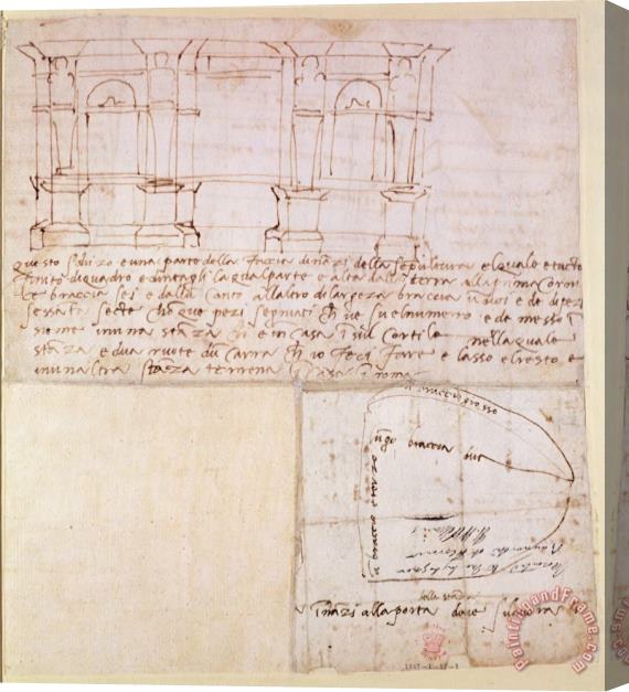 Michelangelo Buonarroti W 23r Architectural Sketch with Notes Stretched Canvas Print / Canvas Art