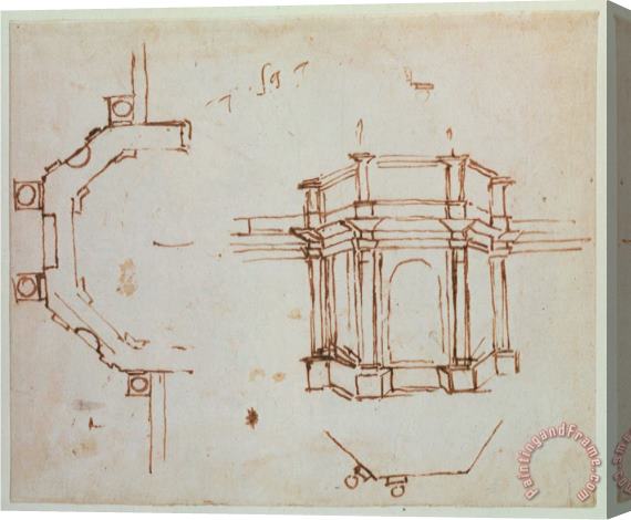 Michelangelo Buonarroti W 24r Architectural Sketch Stretched Canvas Painting / Canvas Art