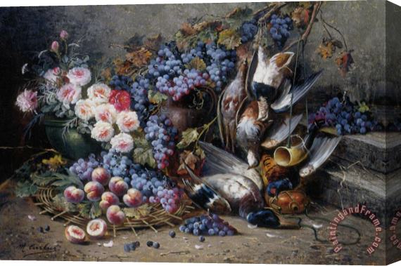 Modeste Carlier Roses Peaches Grapes And Game Stretched Canvas Painting / Canvas Art