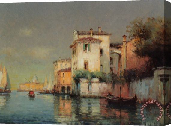 Noel Bouvard Venetian Canal Scene with Fishing Boats And Gondolas Stretched Canvas Painting / Canvas Art