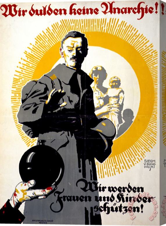 Others German Political Poster Shows A Soldier Standing In Front Of A Woman And Her Children Stretched Canvas Print / Canvas Art