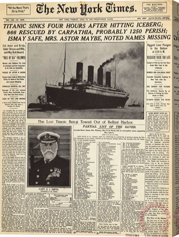 Others Titanic Headline, 1912 Stretched Canvas Print / Canvas Art