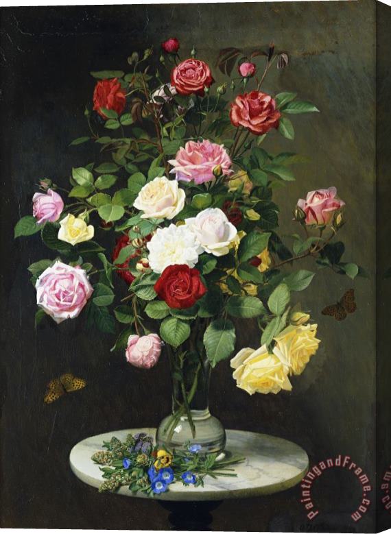 Otto Didrik Ottesen A Bouquet Of Roses In A Glass Vase By Wild Flowers On A Marble Table Stretched Canvas Print / Canvas Art