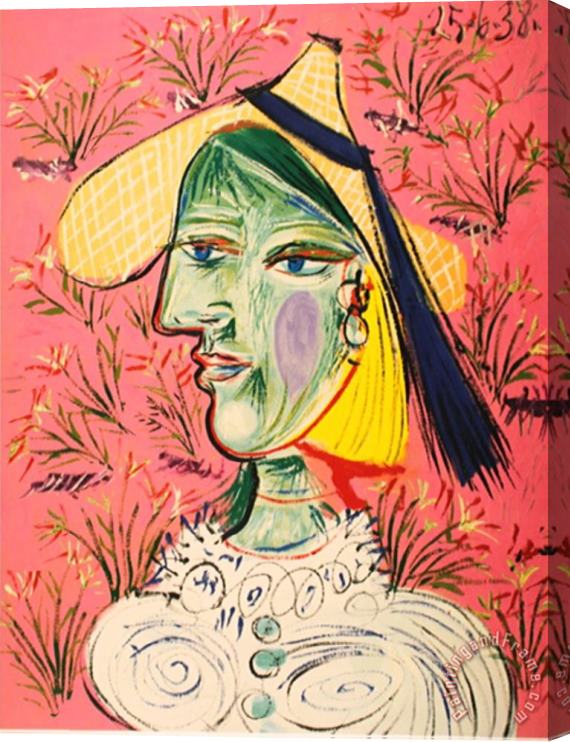 Pablo Picasso Femme Au Chapeau De Paille Sur Fond Fleuri Stretched Canvas Painting / Canvas Art