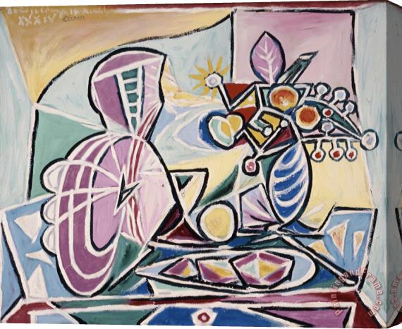 Pablo Picasso Mandolin And Vase of Flowers Stretched Canvas Painting / Canvas Art