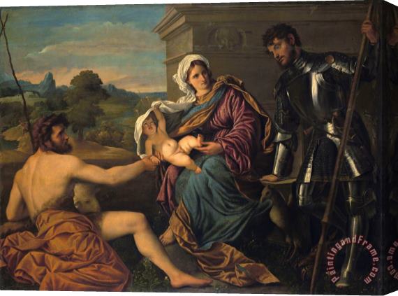 Paris Bordone Madonna And Child with Saint John The Baptist And Saint George (holy Conversation) Stretched Canvas Painting / Canvas Art