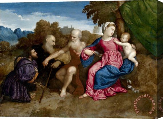 Paris Bordone Virgin And Child with Saints Jerome And Anthony Abbot And a Donor Stretched Canvas Print / Canvas Art