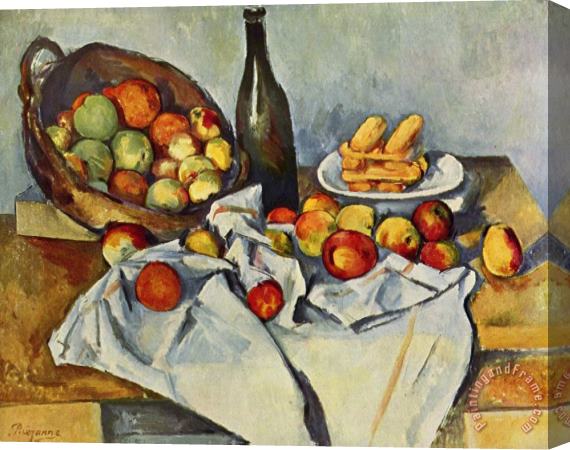 Paul Cezanne Still Life With Bottle And Apple Basket Stretched Canvas Painting / Canvas Art
