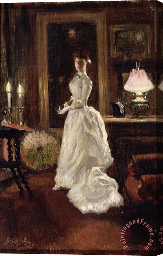 Paul Fischer  Interior scene with a lady in a white evening dress Stretched Canvas Print / Canvas Art