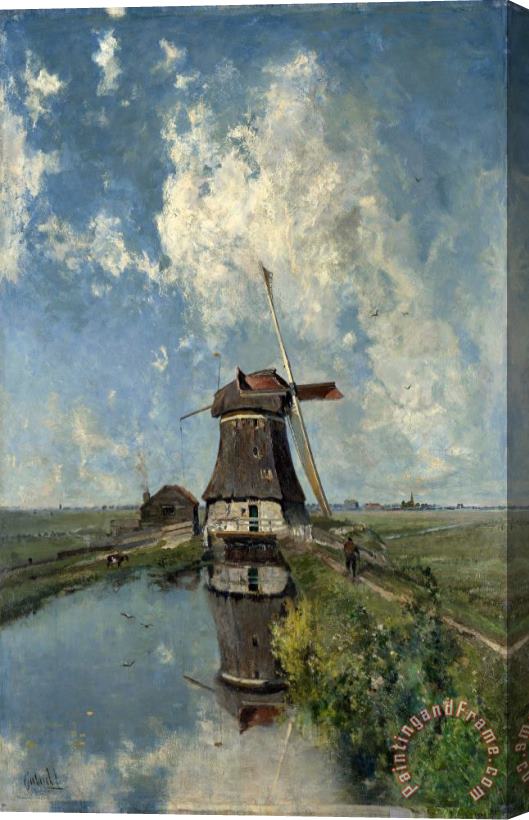 Paul Joseph Constantin Gabriel 'in The Month of July': a Windmill on a Polder Waterway Stretched Canvas Print / Canvas Art
