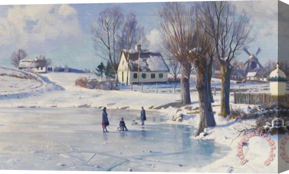 Peder Monsted Sledging On A Frozen Pond Stretched Canvas Print / Canvas Art
