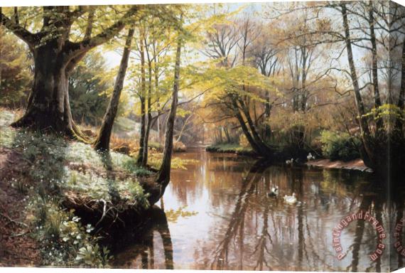 Peder Mork Monsted A River Landscape in Springtime Stretched Canvas Painting / Canvas Art