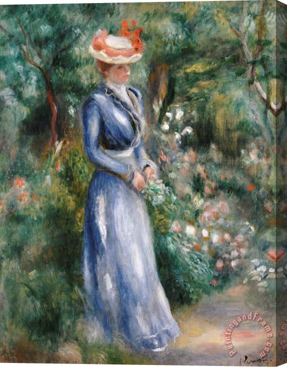 Pierre Auguste Renoir Woman in a Blue Dress Standing in the Garden at Saint-Cloud Stretched Canvas Print / Canvas Art
