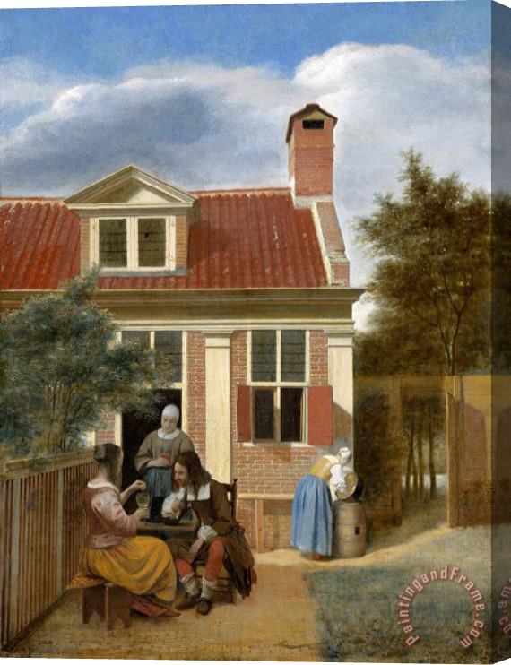Pieter de Hooch Three Women And a Man in a Yard Behind a House Stretched Canvas Painting / Canvas Art