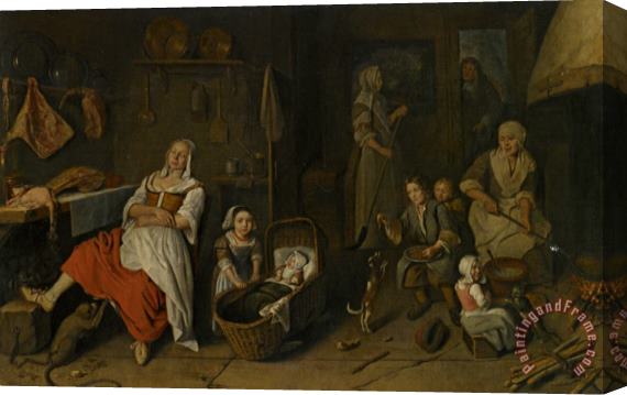 Pieter Gerritsz. Van Roestraeten A Kitchen Interior with a Woman Cooking at The Hearth Children Playing And a Woman Resting by The Butchers Table Stretched Canvas Painting / Canvas Art