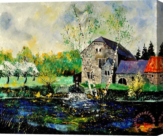 Pol Ledent Old Mill In April Stretched Canvas Print / Canvas Art
