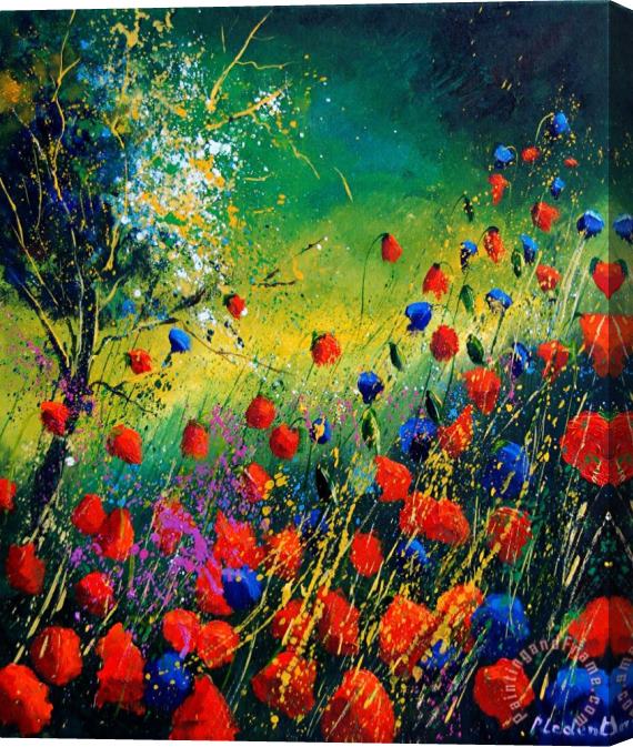 Pol Ledent Red And Blue Poppies Stretched Canvas Painting / Canvas Art
