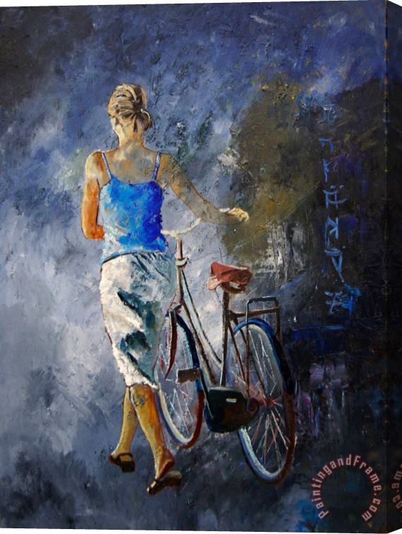 Pol Ledent Waking aside her bike 68 Stretched Canvas Print / Canvas Art