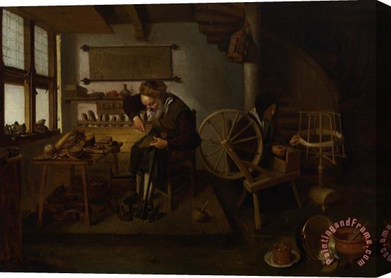 Quiringh Gerritsz. Van Brekelenkam A Cobbler at Work with His Wife Spinning Wool Stretched Canvas Painting / Canvas Art