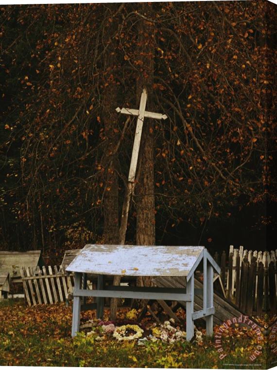 Raymond Gehman A Cross Leans Against a Tree in a Cemetery at St Annes Church Stretched Canvas Print / Canvas Art