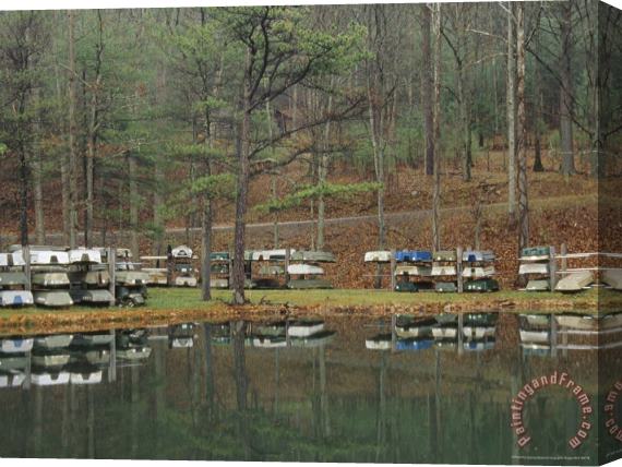 Raymond Gehman Boat Storage Reflected in Douthat Lake Stretched Canvas Painting / Canvas Art