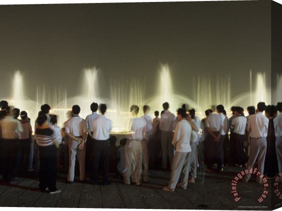 Raymond Gehman Chinese People Watching a Lighted Musical Water Fountain at Night Stretched Canvas Painting / Canvas Art