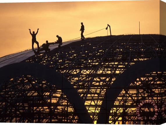 Raymond Gehman Construction Workers on Dome of Swimming Pool at Sunset Qinhuangdao Stretched Canvas Print / Canvas Art