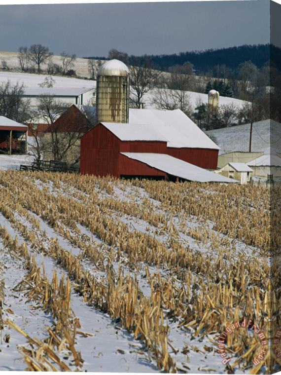 Raymond Gehman Corn Stubble And Barn in a Wintery Pennsylvania Landscape Stretched Canvas Print / Canvas Art