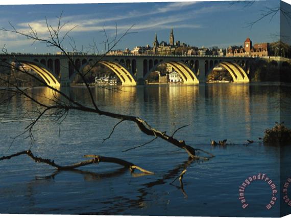 Raymond Gehman Dusk View of Georgetown University Beyond Key Bridge Over The Potomac River Stretched Canvas Painting / Canvas Art