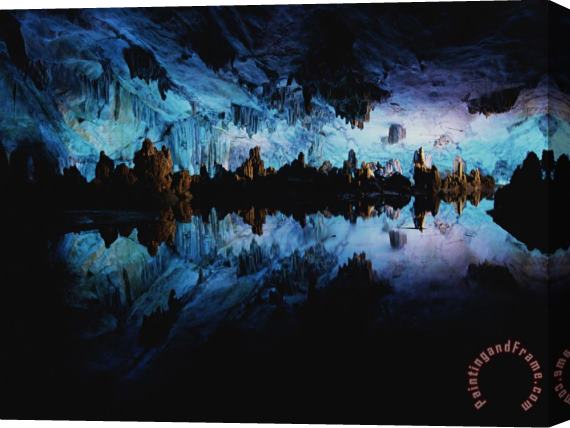Raymond Gehman Inside Reed Flute Cave Illuminated in Blue Light Stretched Canvas Painting / Canvas Art