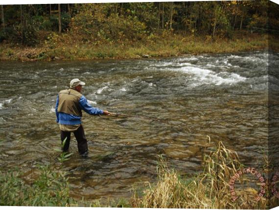 Raymond Gehman Man Fly Fishing in a Swift Moving River Stretched Canvas Painting / Canvas Art
