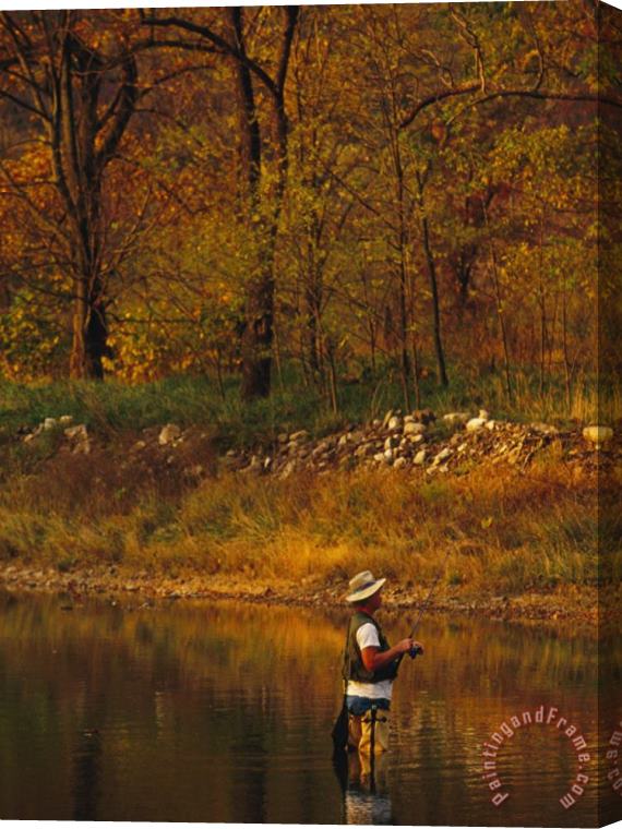 Raymond Gehman Man Standing in Calm Water Trying His Luck Fishing Stretched Canvas Painting / Canvas Art